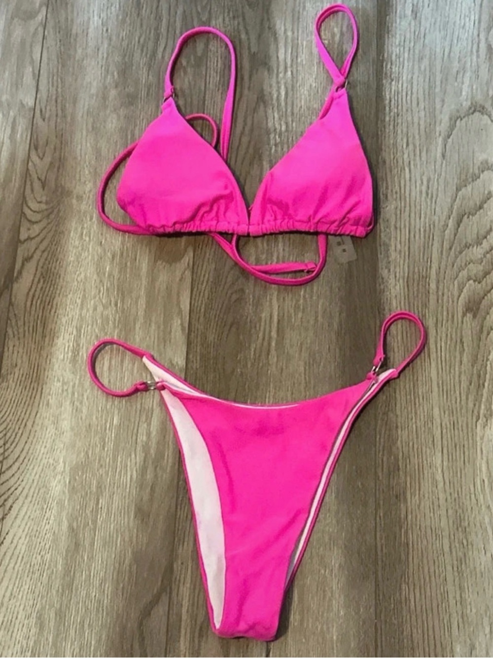 Hot Pink Triangle String Bikini Set - Women's Swim